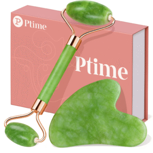 Ptime Outils Faciaux Gua Sha & Rouleau de Jade – Set Rouleau Visage et Gua Sha pour Réduire les Poches et les Rougeurs, Routine de Soin & Cadeau Bien-Être pour Hommes et Femmes – Vert